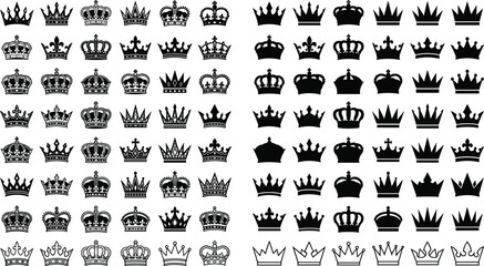 Fototapeta premium Comprehensive collection of black vector crown silhouettes, flat illustrations, and outline icons isolated on pure white background