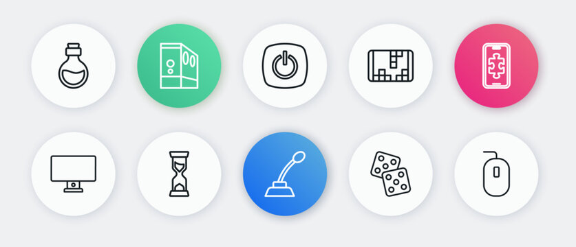 Set line Microphone, Mobile gaming, Computer monitor, Game dice, Portable video game console, Power button, mouse and Old hourglass icon. Vector