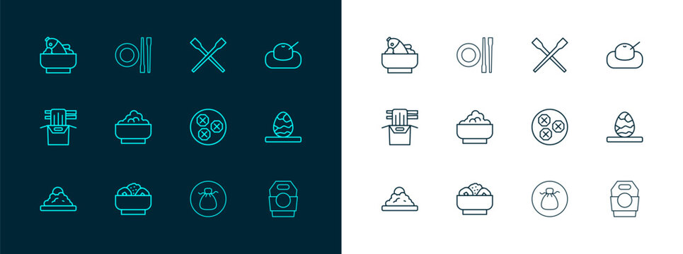 Set line Mochi, Chow mein on plate, Wonton, Rice bowl, Food chopsticks, with fish and icon. Vector