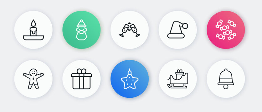 Set line Christmas star, Candy, Holiday gingerbread man cookie, santa claus sleigh, Santa Claus hat, Glass of champagne, ringing bell and Gift box icon. Vector