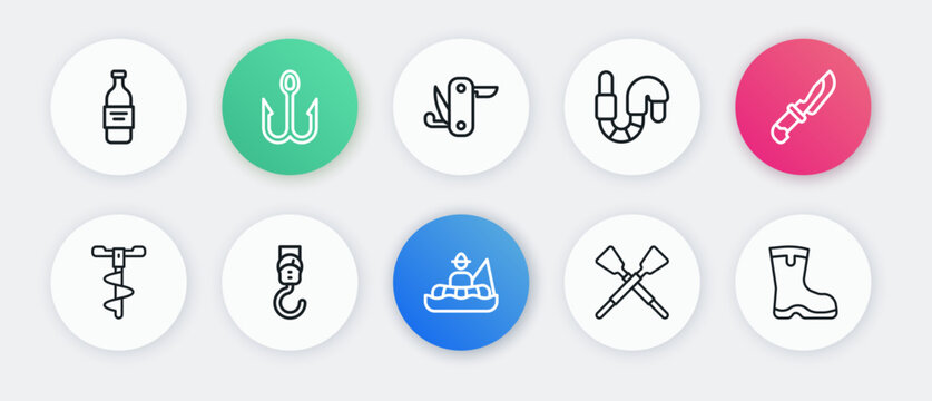Set line Fisherman in boat, Knife, Hand ice drill, Crossed oars or paddles, Worm, Swiss army knife, Fishing boots and Spring scale icon. Vector