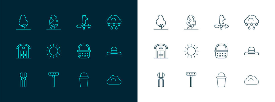 Set line Cloud with rain, Garden rake, Wicker basket, Bucket, Sun, Rooster weather vane, Fruit tree and icon. Vector
