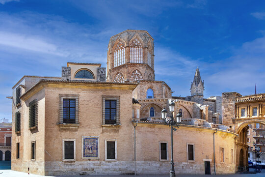 Apse view of Valencia Cathedral in Spain, historic architecture. Medieval gothic and romanesque religious building, no people