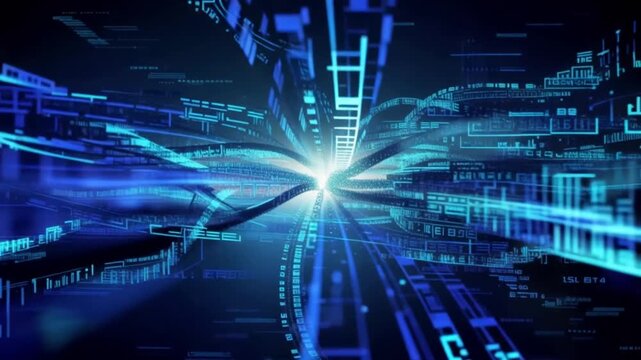 Abstract blue technology background with binary code and glowing fiber optics lights animation 4k video
