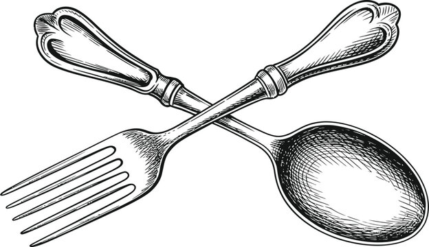 Crossed fork and spoon vintage engraving illustration on transparent background.