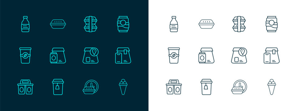 Set line Soda can, Cup of tea, Online ordering food, Round the clock delivery, Lunch box, Bottle water and icon. Vector
