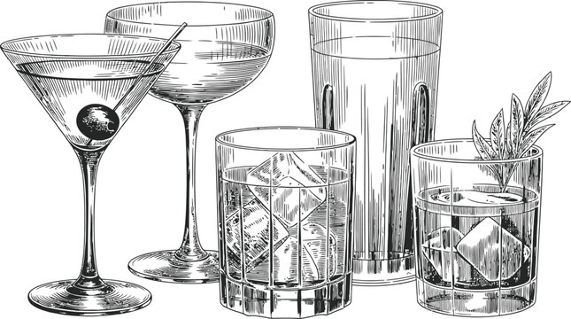 Assorted cocktail glasses with ice and garnish vintage engraving sketch vector illustration.