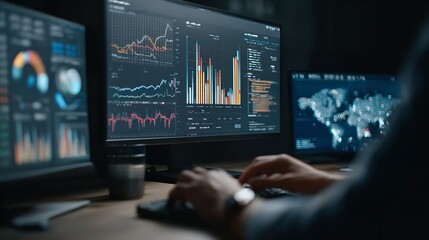 Fototapeta premium A businessman typing data on a laptop in the office while a digital network chart displays on the screen, symbolizing communication and success in future business technology