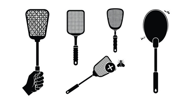 Black silhouette set of fly swatters and hand with insect