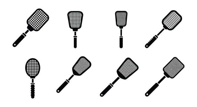 Black silhouette set of fly swatters and hand with insect