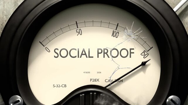 Social proof meter showing big levels of social proof. Dangerously increasing high values of social proof, critical overload. Too much, off the charts. Max social proof