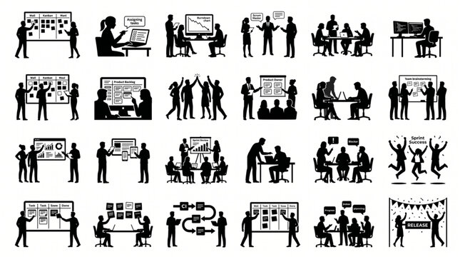 Massive collection of black silhouettes depicting Agile software development workflows including Kanban boards, Scrum Master meetings, sprint reviews, team planning, coding, and product releases.