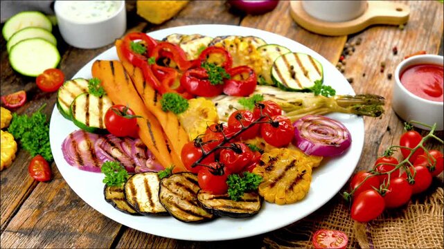 healthy platter of assorted grilled vegetables including zucchini eggplant and peppers on a wooden table