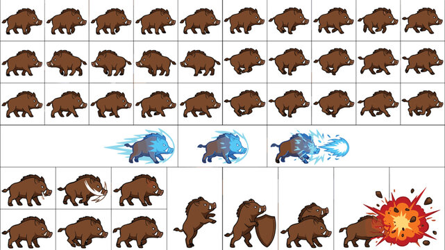 Wild Boar Game Character Sprite Sheet with Running, Attacking, and Action Animations for Game Design and Development