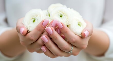 Naklejka premium elegant closeup of hands gently holding delicate white ranunculus flowers in soft natural light showcasing fresh petals and subtle wedding ring for romantic bridal bouquet photography inspiration
