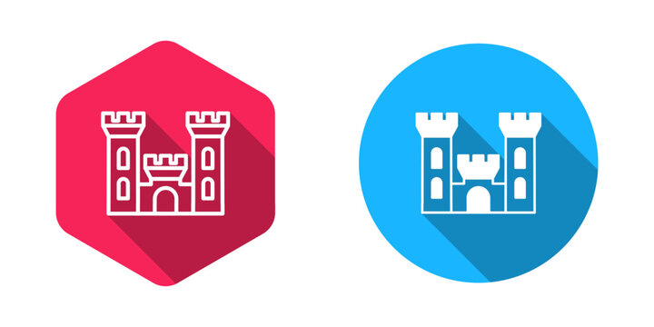 Filled and outline Castle icon isolated with long shadow background. Medieval fortress with a tower. Protection from enemies. Reliability and defense of the city. Vector