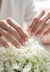 Fototapeta premium Elegant closeup of delicate hands gently arranging fresh white bridal bouquet flowers with soft natural lighting creating romantic wedding preparation atmosphere perfect for bridal photography
