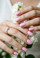 Fototapeta premium Elegant closeup of bridal hands holding delicate white flowers with soft pink manicured nails featuring subtle French tips and wedding ring in natural light for wedding photography inspiration
