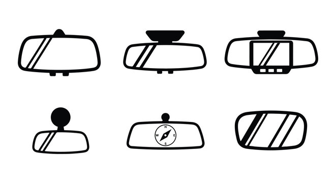 Rearview mirror icons set black silhouette on white background