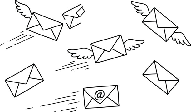 PrintHand-drawn illustration of flying envelopes with wings and email symbol representing digital communication and messaging services