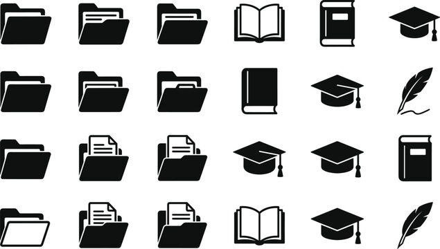 Education and office icon set with folders books graduation caps documents and feather pen in clean minimal black style