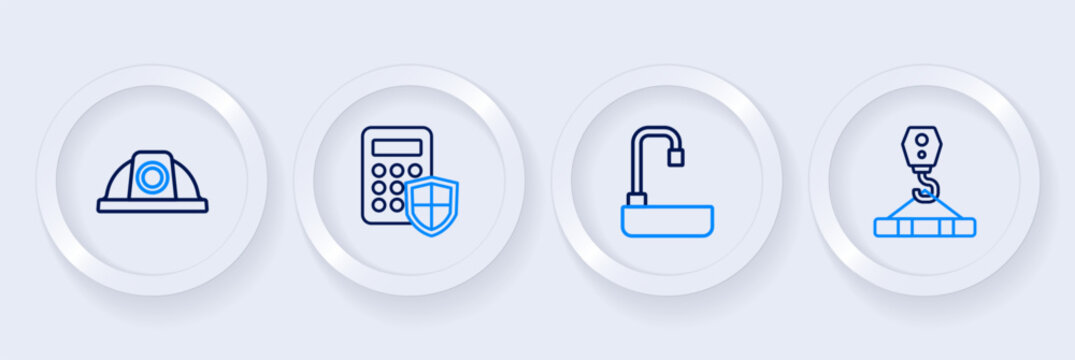 Set line Crane hook, Washbasin, Security keypad access panel and Worker safety helmet icon. Vector