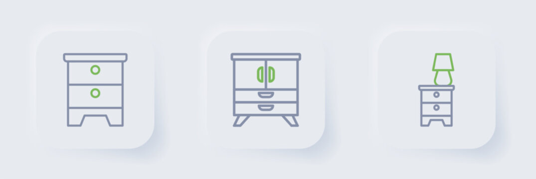 Set line Furniture nightstand with lamp, Chest of drawers and icon. Vector