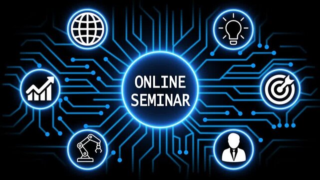 online seminar concept with circuit lines and digital symbols hovering above a businessman, technology. manufacturing process management all connected in a digital circle like pattern.