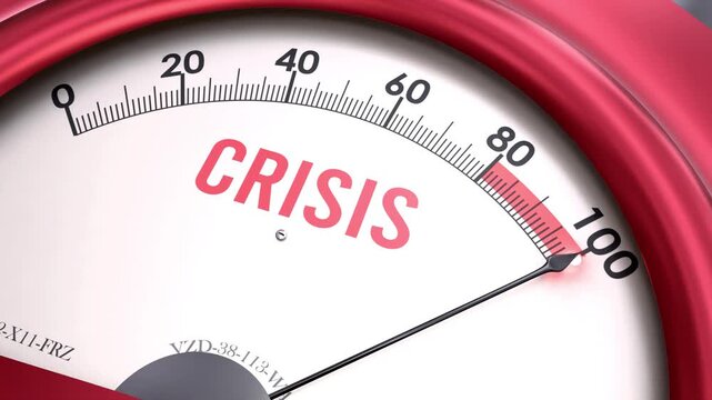 Crisis off the charts. Meter showing increasing, dangerous and high levels of crisis, potential overload. Maximum and critical crisis