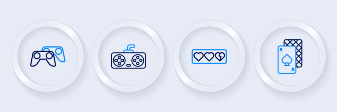 Set line Playing cards, Game life bar, controller or joystick and icon. Vector