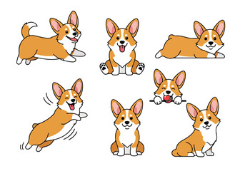 Fototapeta premium Collection of adorable cartoon corgi dog illustrations in various playful poses and expressions