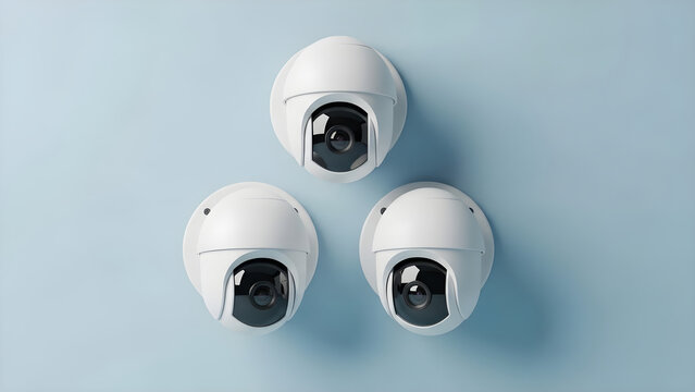 Three white dome security cameras are mounted on a blue wall