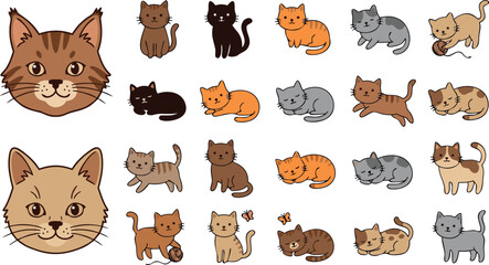 Fototapeta premium Large set of cute cartoon cats and kittens in various poses for pet lover stickers and nursery wall art decoration