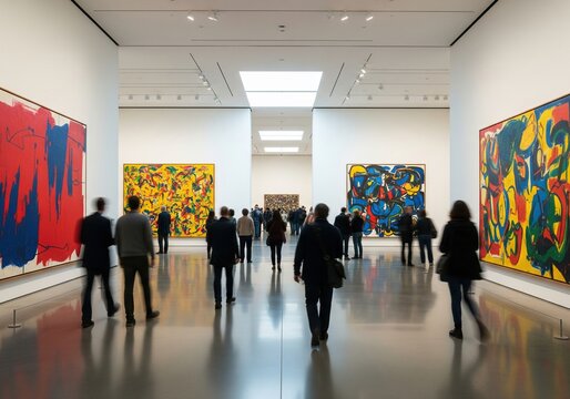 Visitors admire abstract expressionist paintings in a modern art gallery