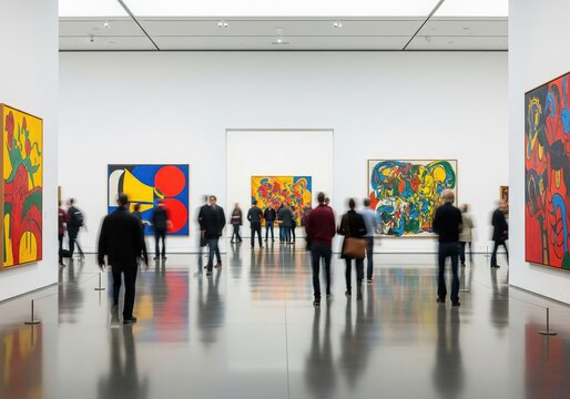 Blurry figures in a modern art museum admire colorful abstract paintings on white walls