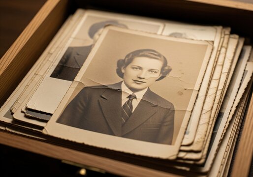 Vintage black and white portrait of a young person in a suit, stored in a wooden box