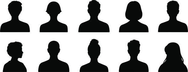 Set of ten black silhouettes of diverse human heads and shoulders in profile and frontal views person