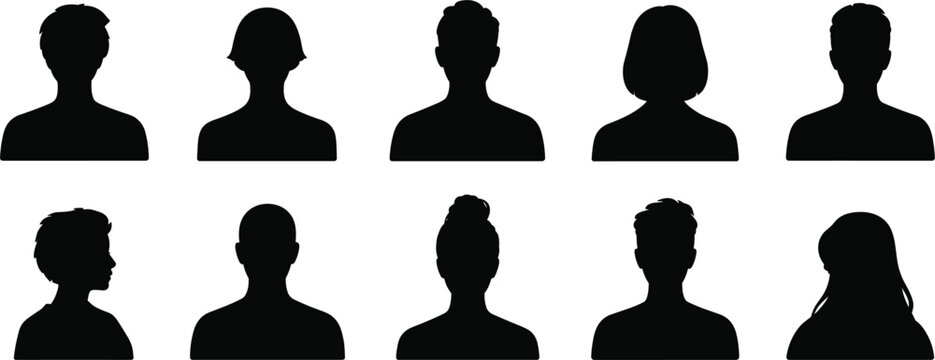Set of ten black silhouettes of diverse human heads and shoulders in profile and frontal views person