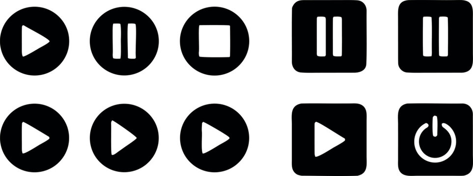 Media player control icon set featuring black play pause stop and power buttons for digital interface design