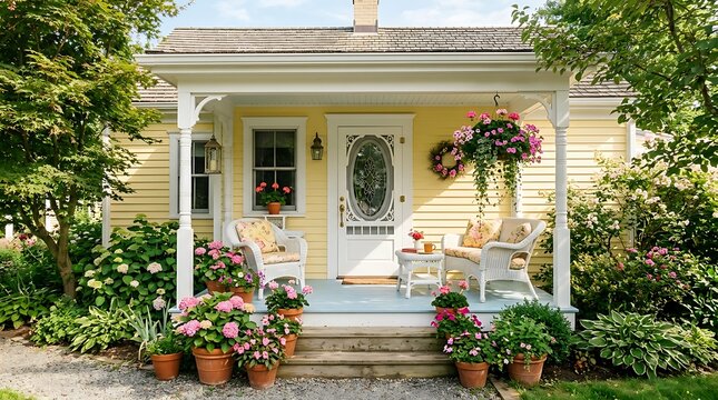 Cozy yellow cottage porch with floral decor, hanging baskets, and vintage wicker furniture in spring garden