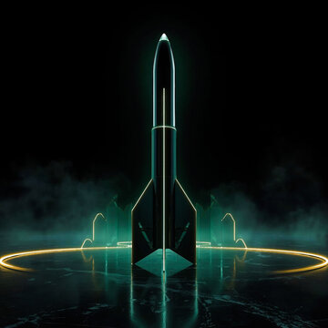 Youm‑e‑Takbeer Futuristic Rocket Launch with Green Neon Glow and Misty Atmosphere