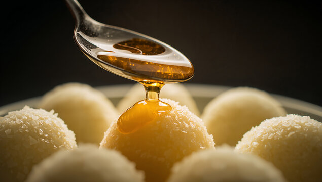 Honey dripping from spoon onto sweet dessert balls with food photography with food preparation with food texture with bee product with coconut flakes with round shape with food serving