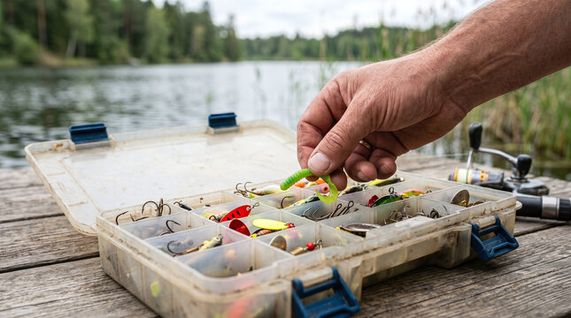 A hand selects a fishing lure from a tackle box by a serene lake. The box contains various colorful lures, surrounded by greenery and water.