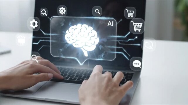 Person working on a laptop displaying a glowing artificial intelligence brain icon with various digital network service interface symbols