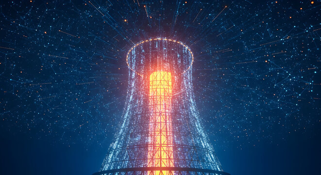 Digital representation of a nuclear power plant cooling tower with glowing data streams and network connections in a futuristic concept
