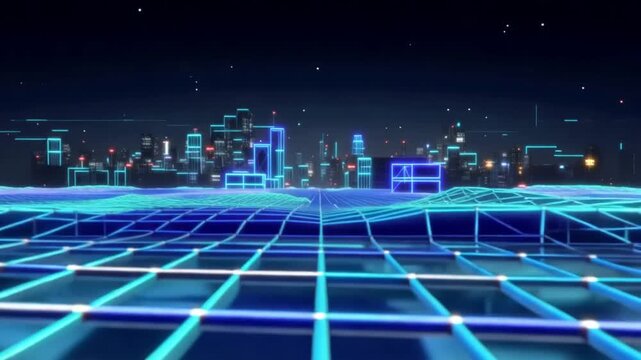 Abstract blue digital city background with binary code and technology elements animation 4k video