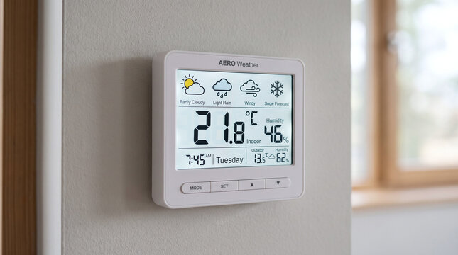 Digital weather forecast display showing temperature, humidity, and weather icons. The device is mounted on a wall near a window.