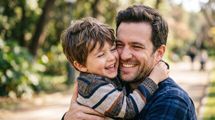 Fototapeta premium A joyful father hugs his young son in a park. The father has dark hair and a beard, while the son has curly brown hair and is smiling widely.