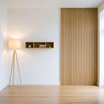 modern minimalist living room with floor lamp and beige curtains in soft natural lighting