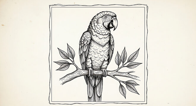 Detailed black and white line of a tropical macaw parrot on a branch